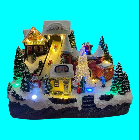 Gerson Alpine Village Christmas Castle Musical Revolving Tree Skiers Lighted - Picture 8 of 11